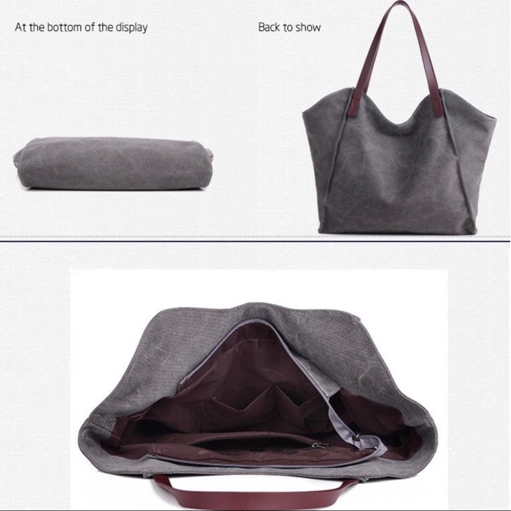 Chic Gray Canvas Tote With Leather Handles 5 ⭐️’s - Picture 2 of 8